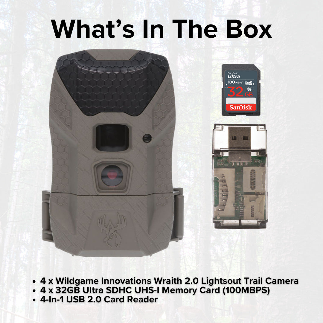 Wildgame Innovations Wraith 2.0 Lightsout Trail Camera with 40 Infrared LEDs (4-Pack) Bundle