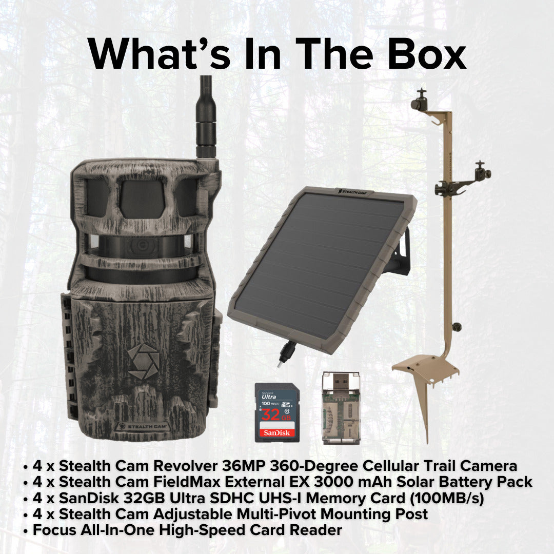 Stealth Cam Revolver 36MP Cellular Trail Camera (4-Pack) with Mounting Post (4-Pack) Bundle