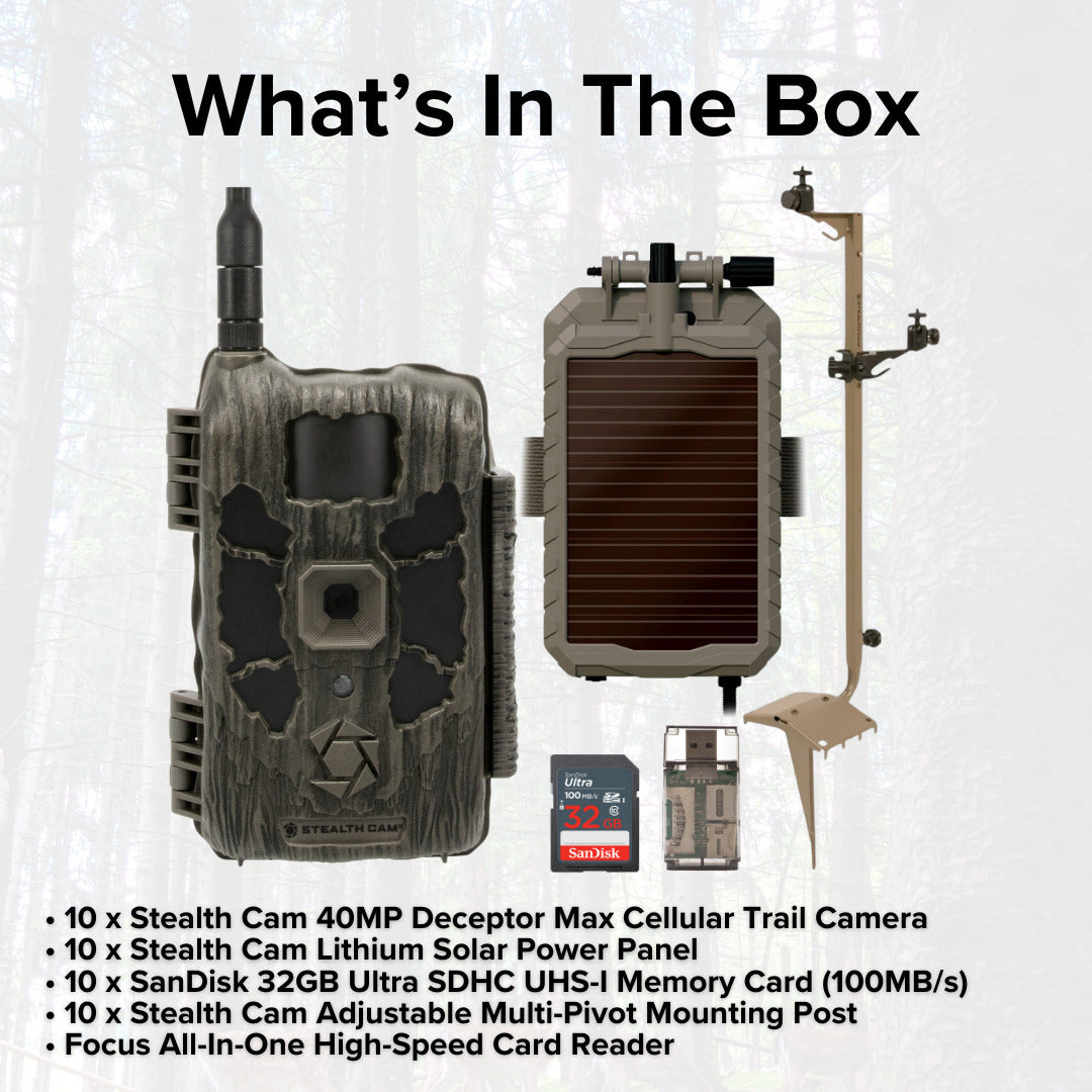 Stealth Cam 40MP Deceptor Max Cellular Trail Camera (10-Pack) with Solar Power Panel Bundle