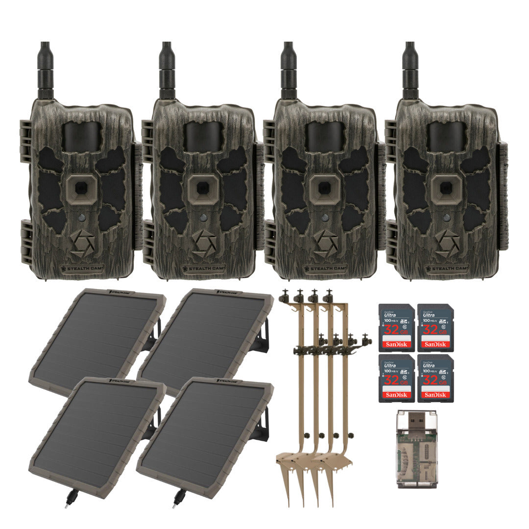 Stealth Cam 40MP Deceptor Max Cellular Trail Camera (4-Pack) with Solar Battery Pack Bundle