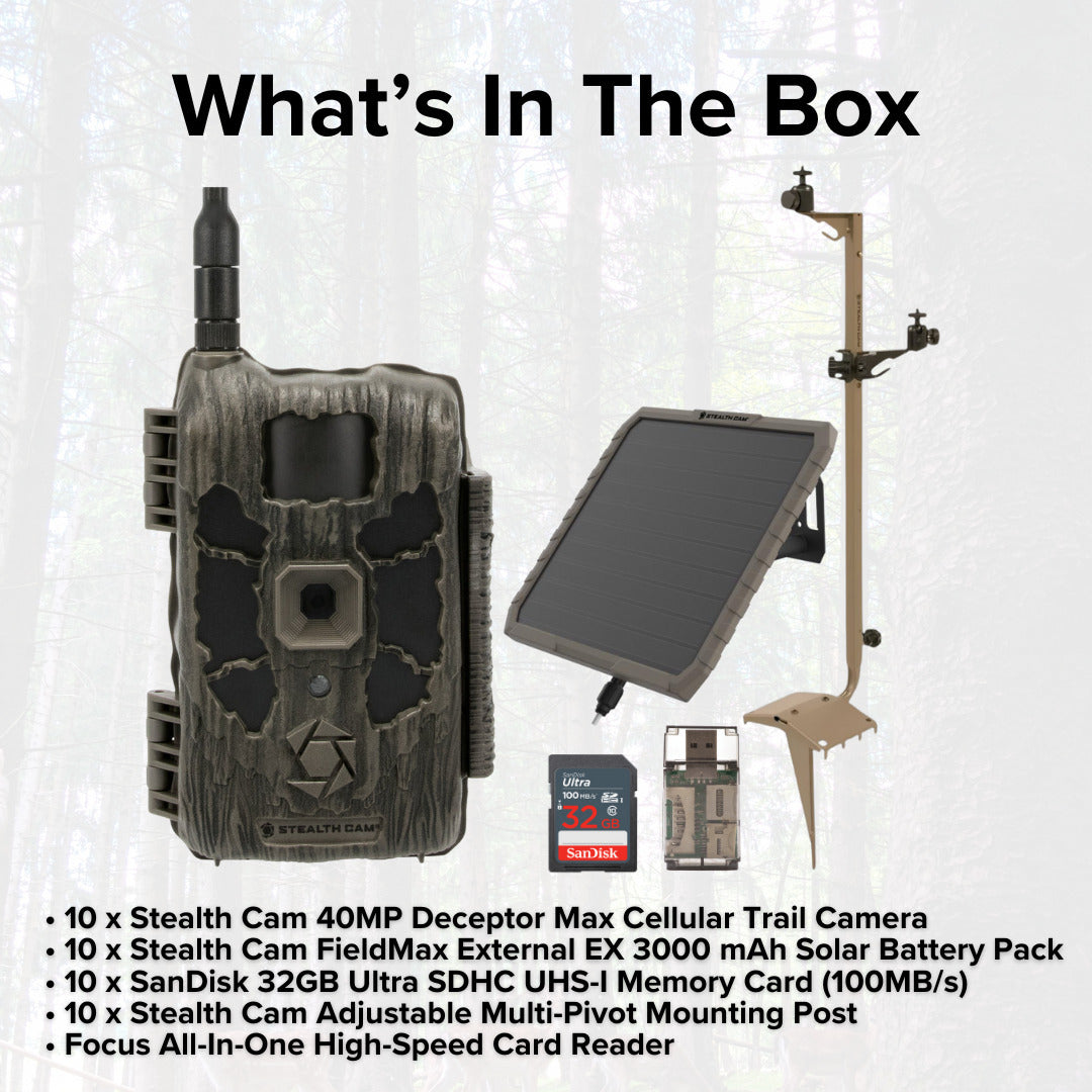 Stealth Cam 40MP Deceptor Max Cellular Trail Camera (10-Pack) with Solar Battery Pack Bundle