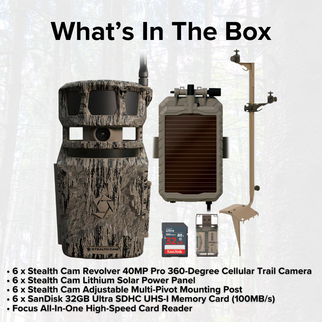 Stealth Cam Revolver 40MP Pro 360-Degree Cellular Trail Camera (6-Pack) with Card Reader Bundle
