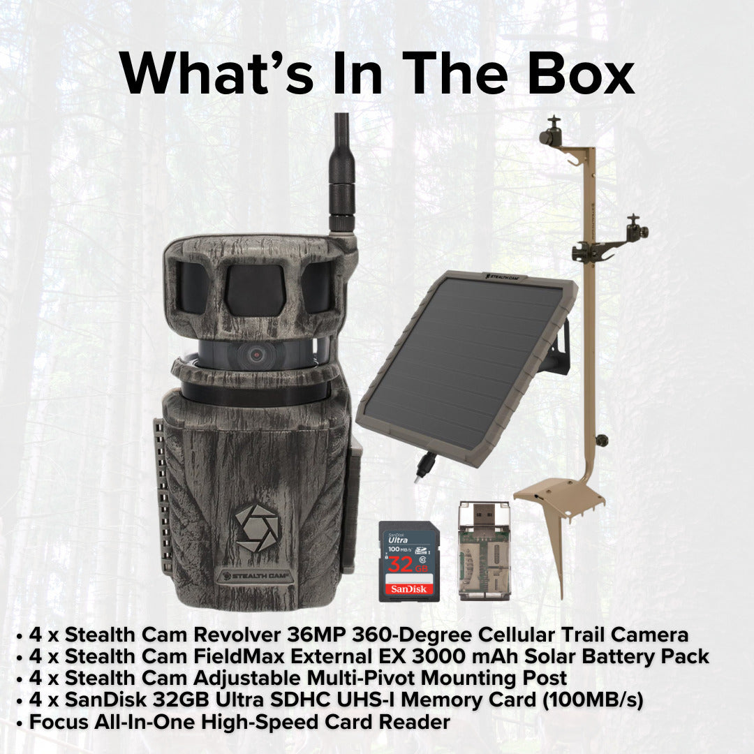 Stealth Cam Revolver 36MP Pro 360 Degree Cellular Trail Camera with Mounting Post (4-Pack) Bundle