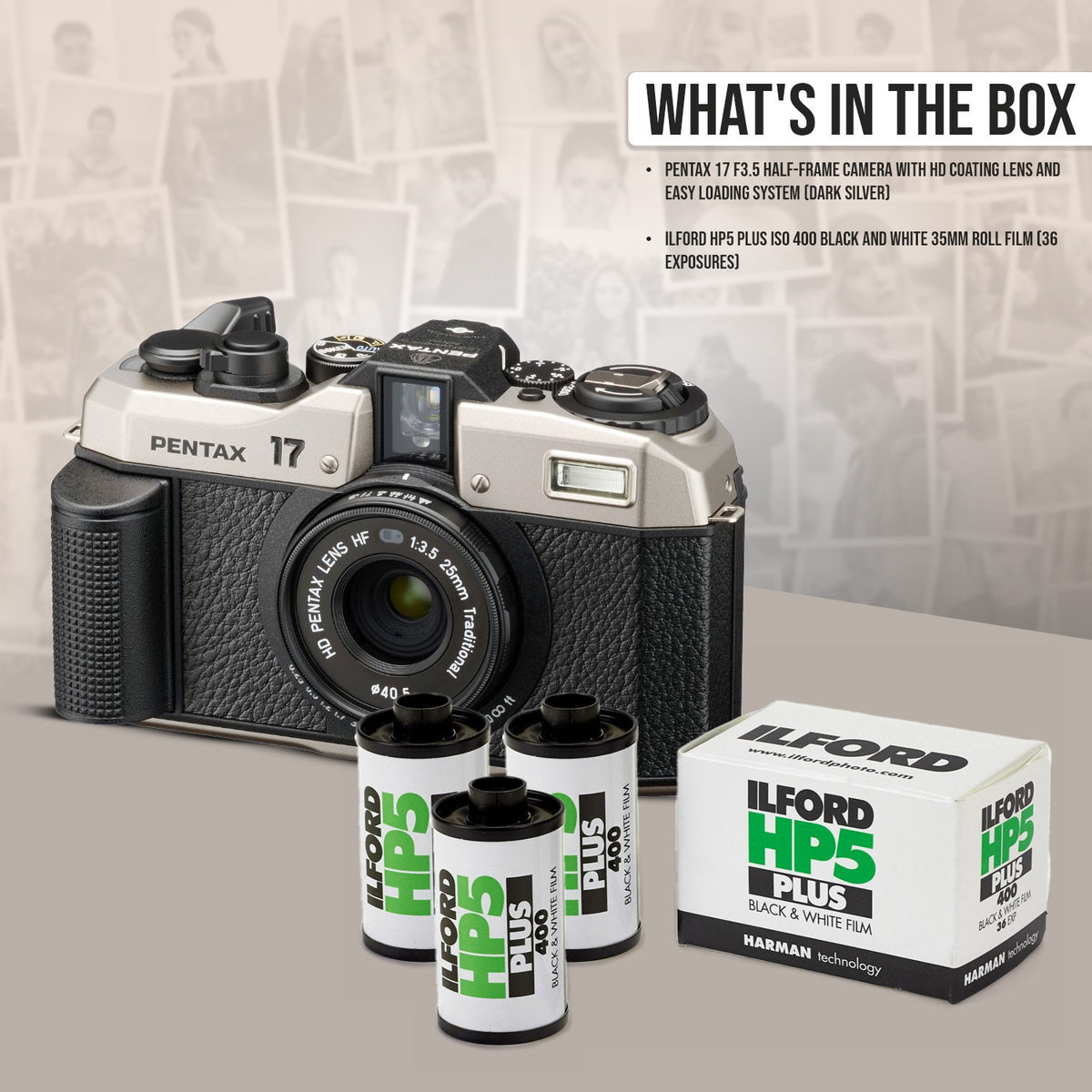 Pentax 17 F3.5 Dark Silver Camera with HP5 Plus Black-White 36 Exp Roll Film (3-Pack) Bundle