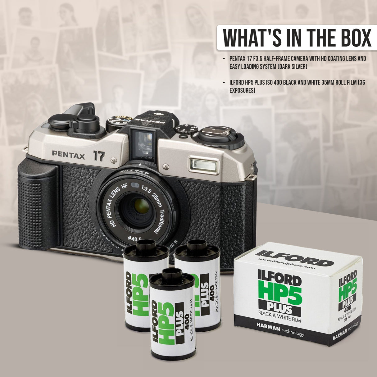 Pentax 17 F3.5 Dark Silver Camera with HP5 Plus Black-White 36 Exp Roll Film (3-Pack) Bundle