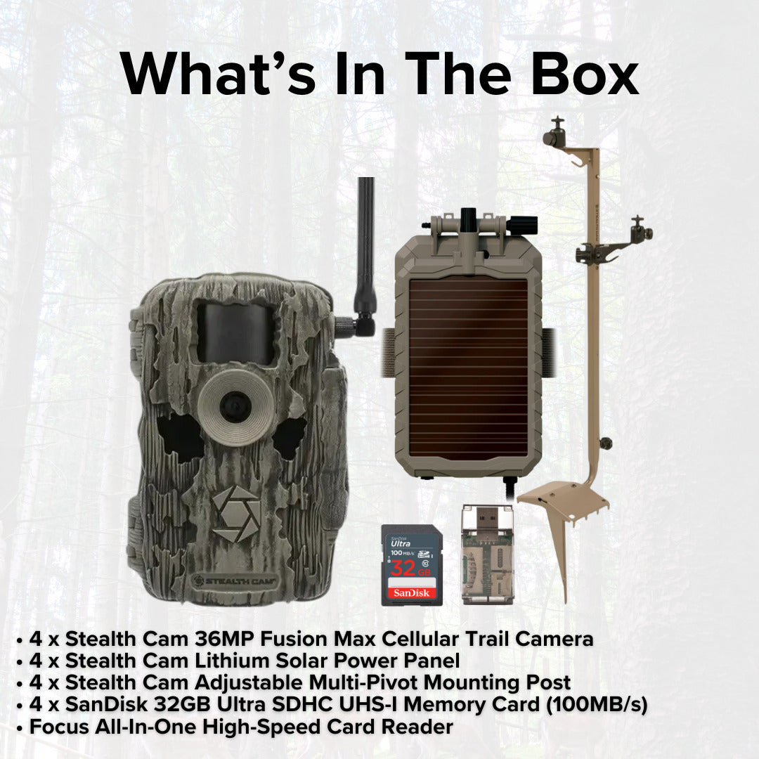 Stealth Cam 36MP Fusion Max Cellular Trail Camera with 80-Feet Detection Range (4-Pack) Bundle