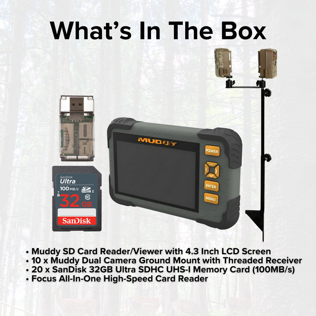 Muddy Dual Camera Ground Mount with Threaded Receiver (Black, 10-Pack) with SD Card Reader Bundle