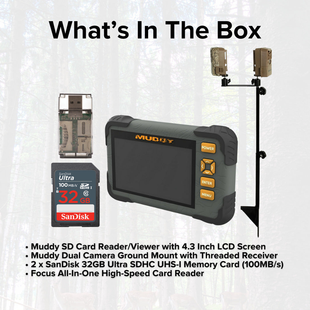 Muddy Dual Camera Ground Mount with Threaded Receiver (Black) with SD Card Reader and Viewer Bundle
