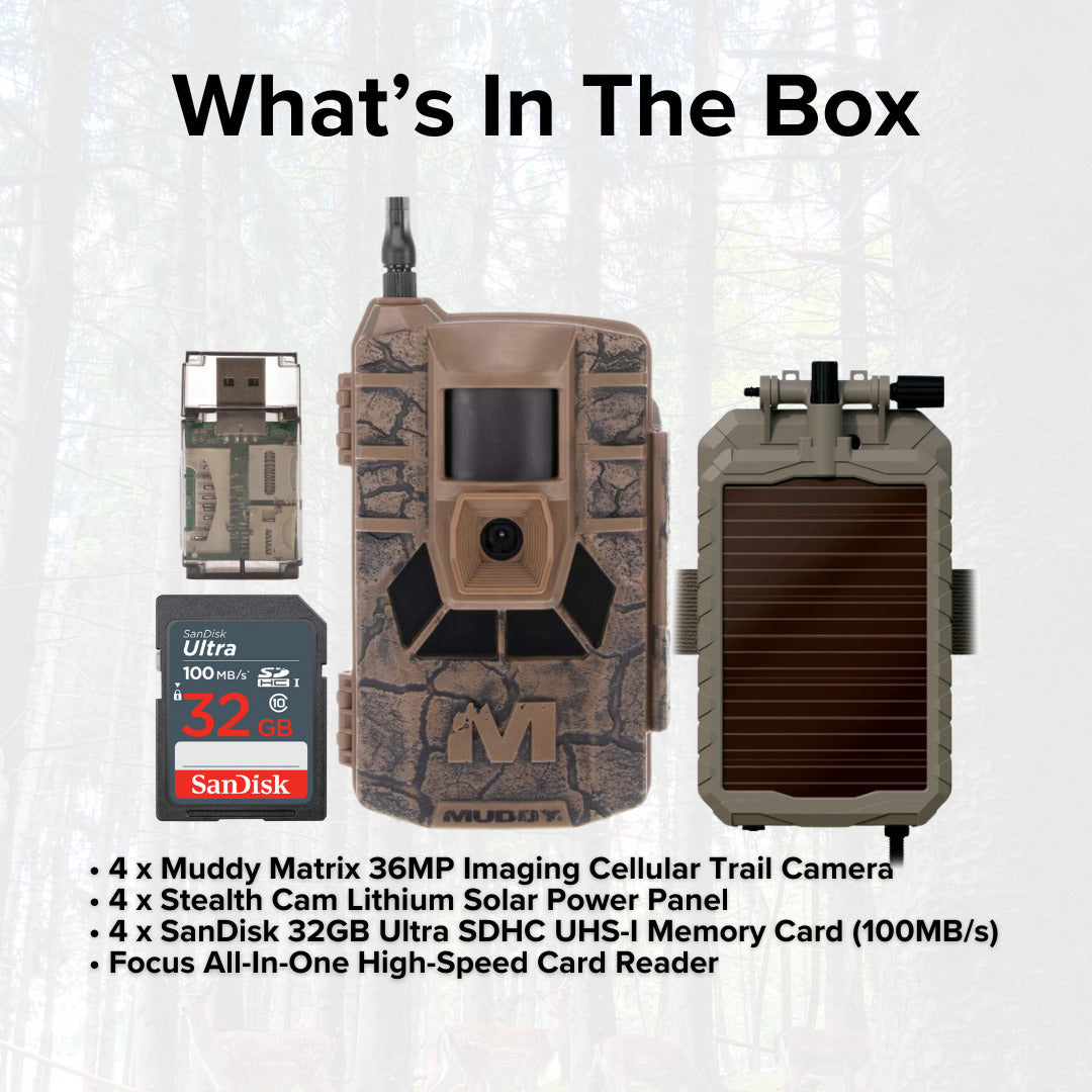 Muddy Matrix 36MP Imaging Cellular Trail Camera with On Demand Photo (Mud, 4-Pack) Bundle