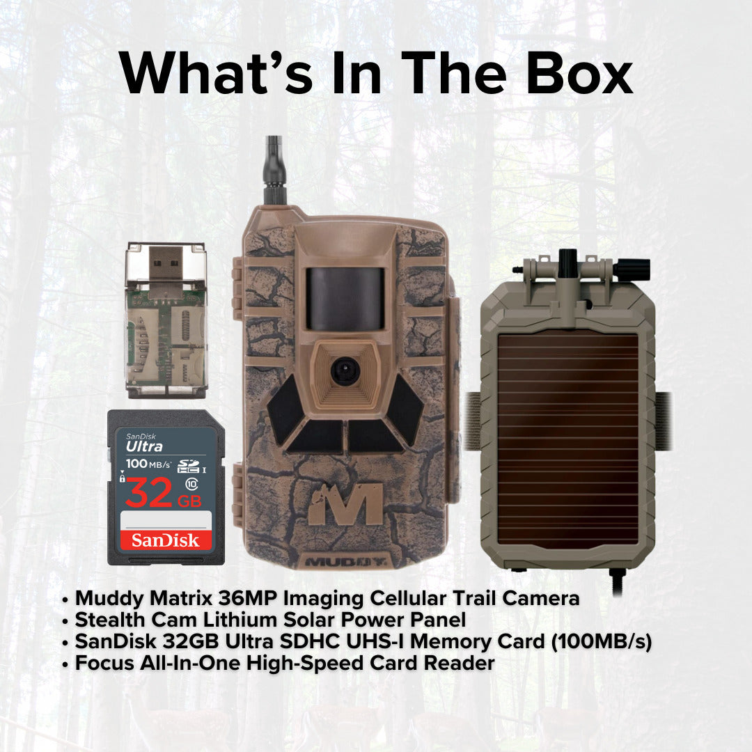 Muddy Matrix 36MP Imaging Cellular Trail Camera with On Demand Photo (Mud) and Power Panel Bundle