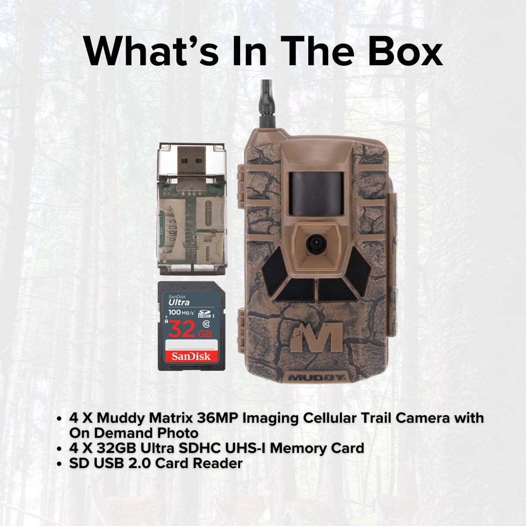 Muddy Matrix 36MP Imaging Cellular Trail Camera with On Demand Photo (Mud, 4-Pack) Bundle