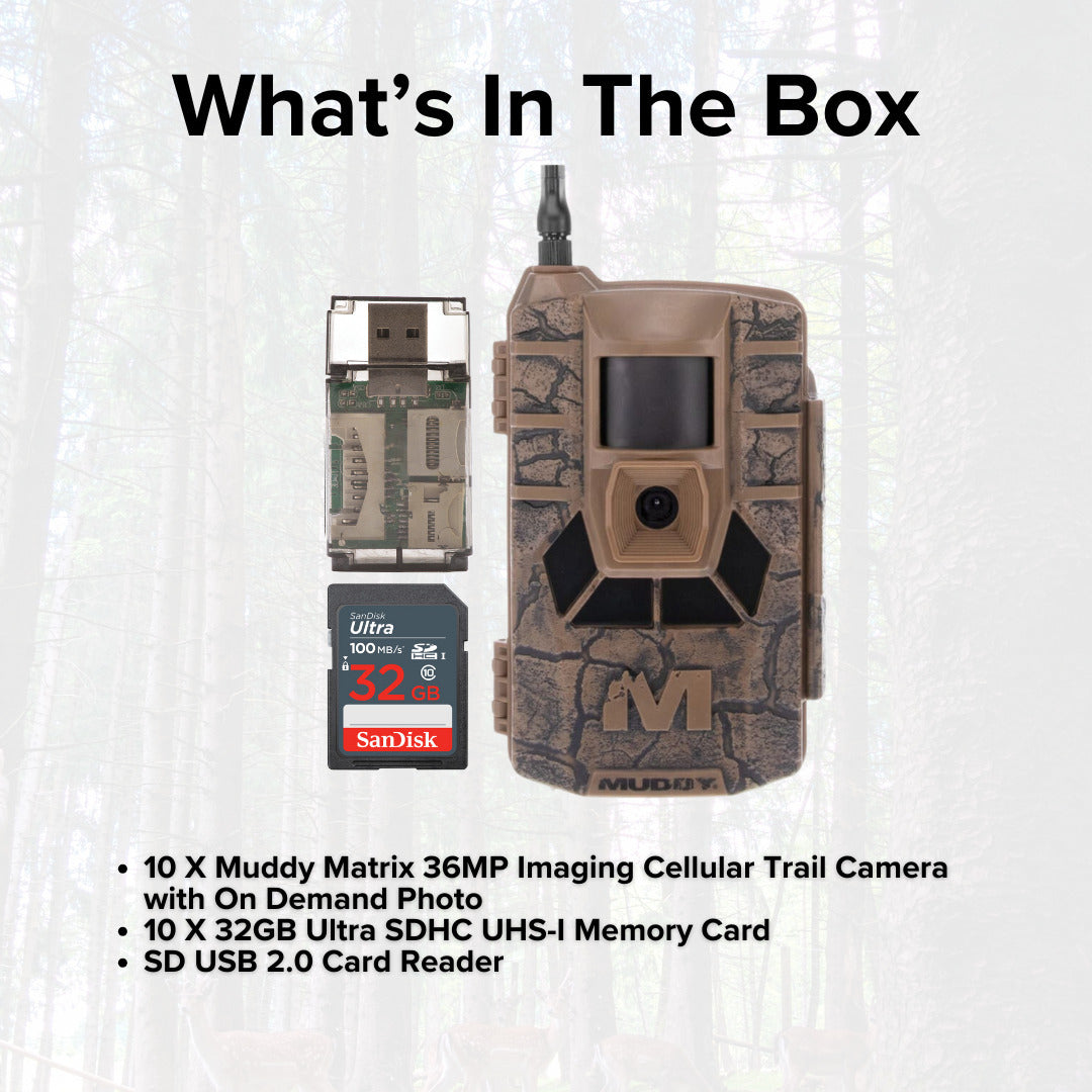 Muddy Matrix 36MP Imaging Cellular Trail Camera with On Demand Photo (Mud, 10-Pack) Bundle