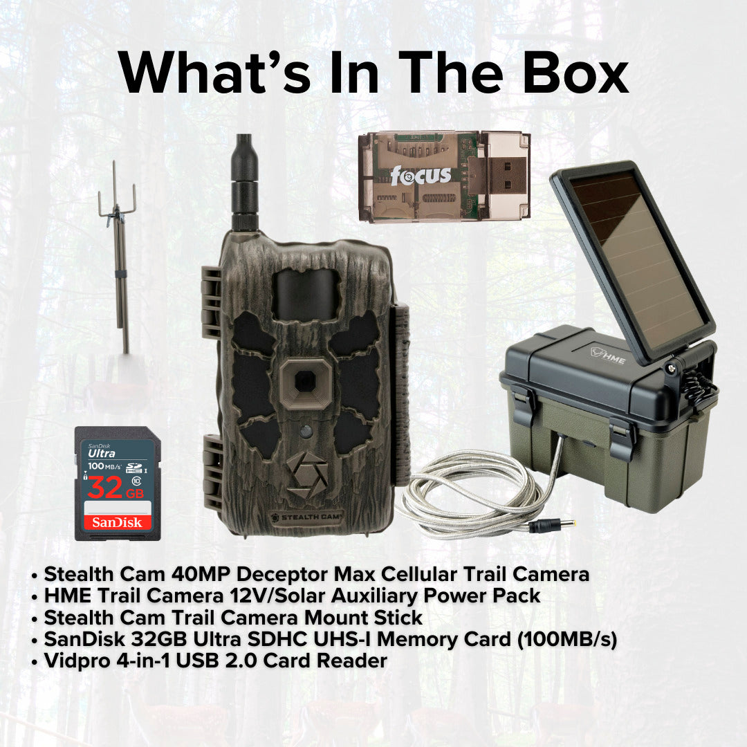 Stealth Cam 40MP Deceptor Max Cellular Trail Camera with Solar Pack and Camera Mount Stick Bundle