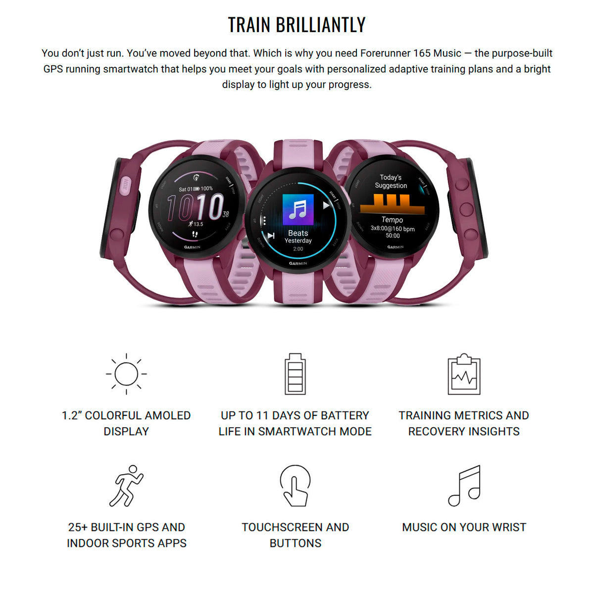 Garmin Forerunner 165 Music GPS Running Smartwatch (Berry-Lilac) with Charger Stand and Cable Bundle
