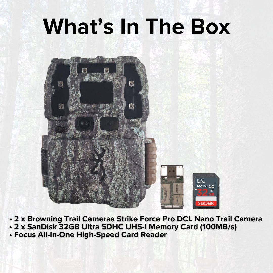 Browning Trail Cameras Strike Force Pro DCL Nano 26MP Trail Camera (2-Pack) with Card Reader Bundle