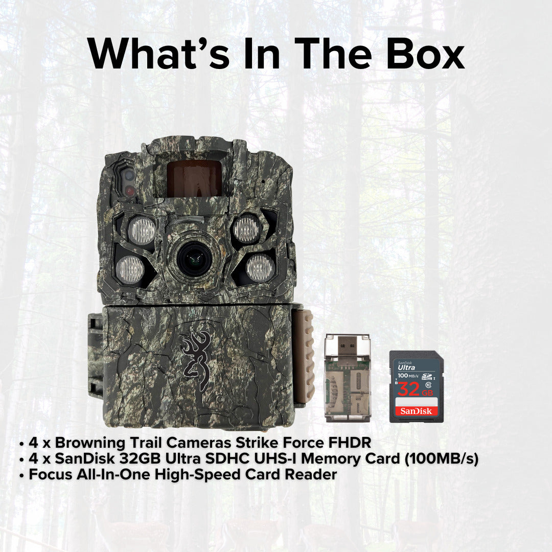 Browning Trail Cameras Strike Force FHDR (4-Pack) with 4 x 32GB Memory Card and Card Reader Bundle
