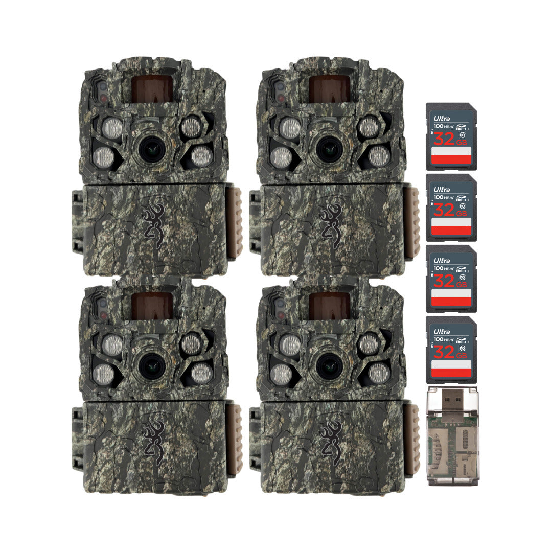 Browning Trail Cameras Strike Force FHDR (4-Pack) with 4 x 32GB Memory Card and Card Reader Bundle