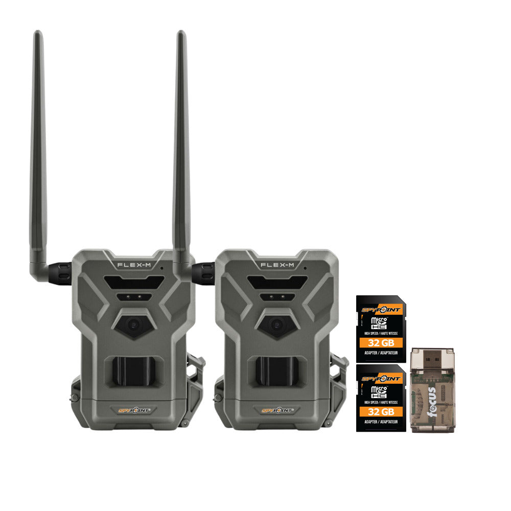 Spypoint Flex M Twin Pack 28MP Cellular Trail Cameras with 2 x 32GB Memory Card and Reader Bundle