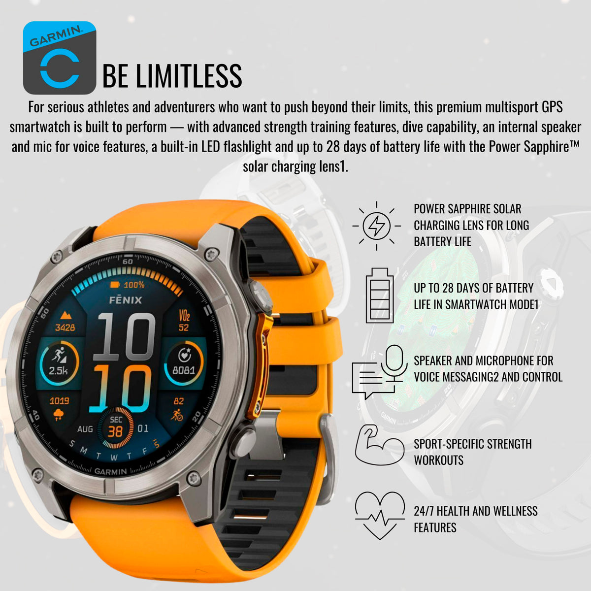 Garmin Fenix 8 Sapphire 47mm GPS Smartwatch (Spark Orange and Graphite) with Charger Stand Bundle