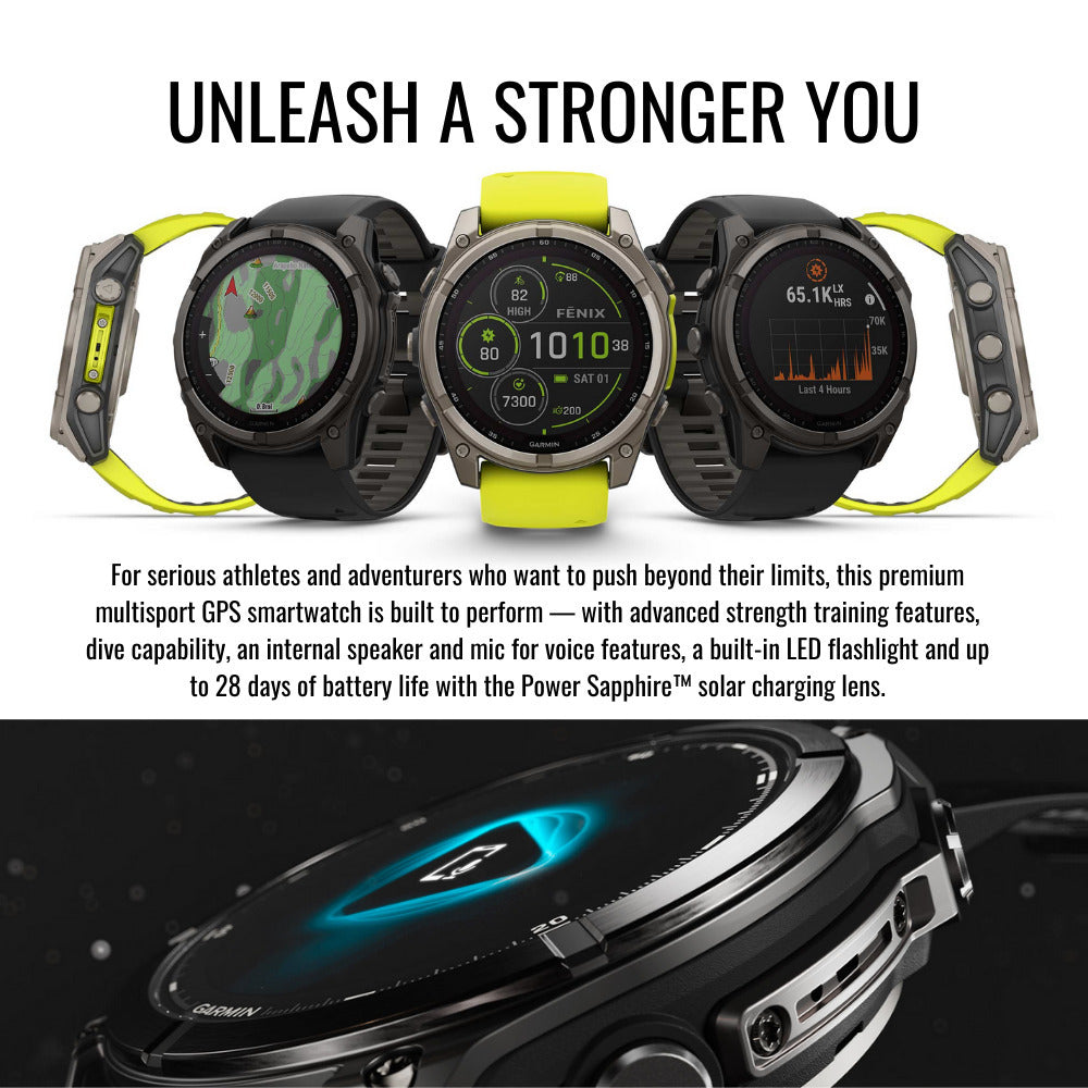 Garmin Fenix 8 Sapphire Solar 51mm Smartwatch (Amp Yellow and Graphite) with Charger Stand Bundle