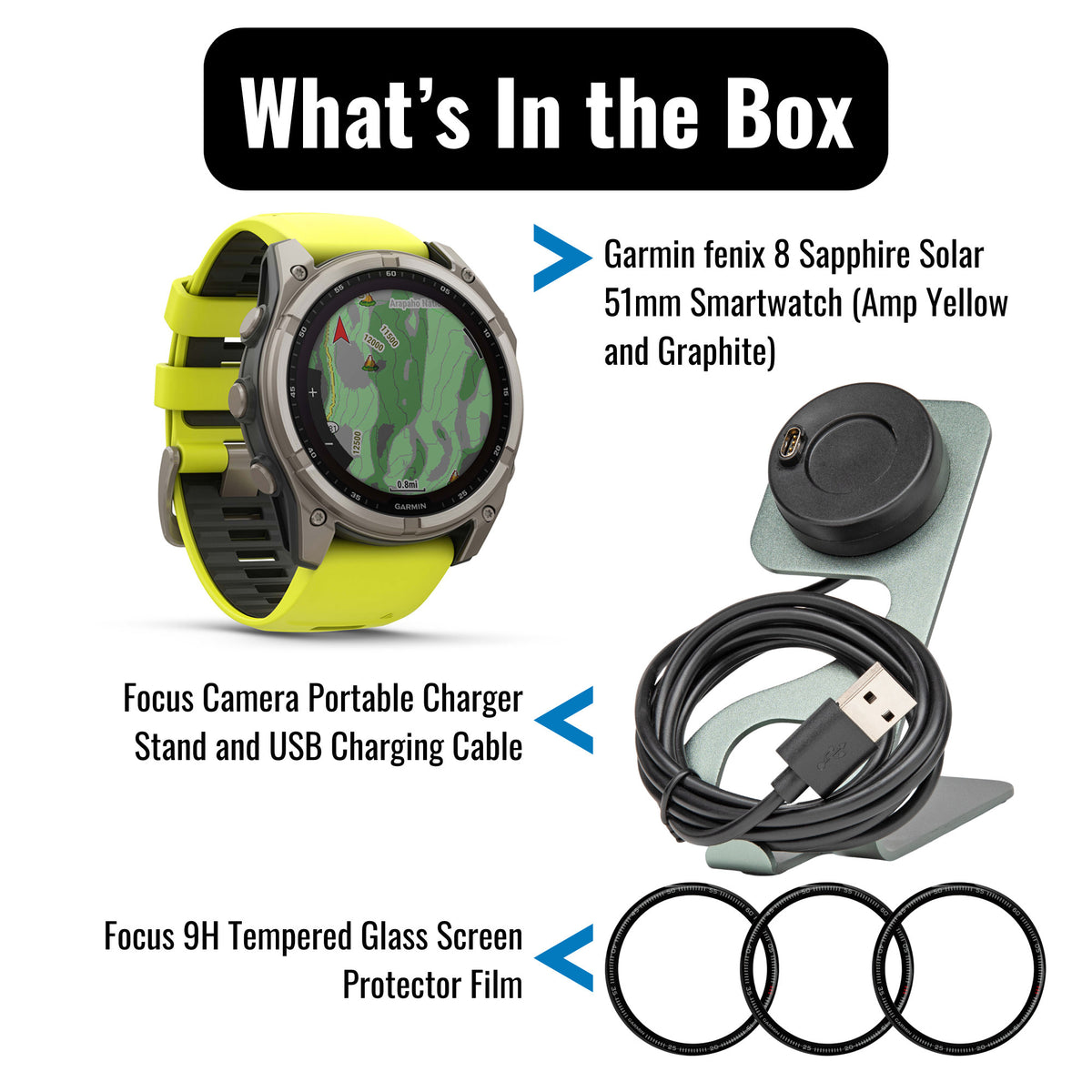 Garmin Fenix 8 Sapphire Solar 51mm Smartwatch (Amp Yellow and Graphite) with Charger Stand Bundle