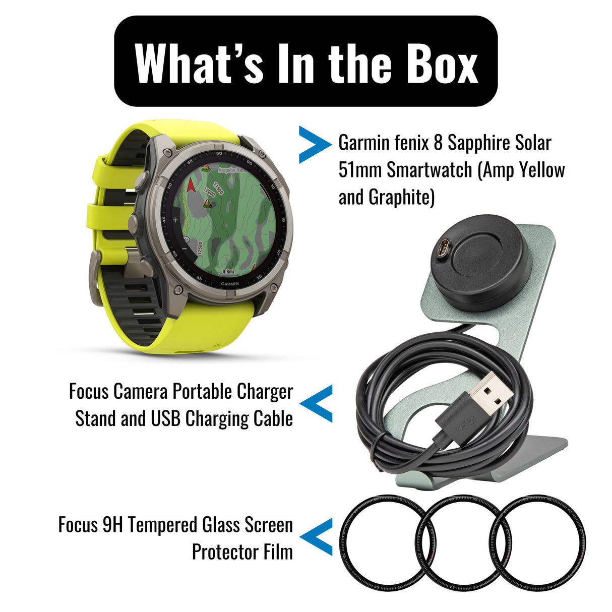 Garmin Fenix 8 Sapphire Solar 51mm Smartwatch (Amp Yellow and Graphite) with Charger Stand Bundle