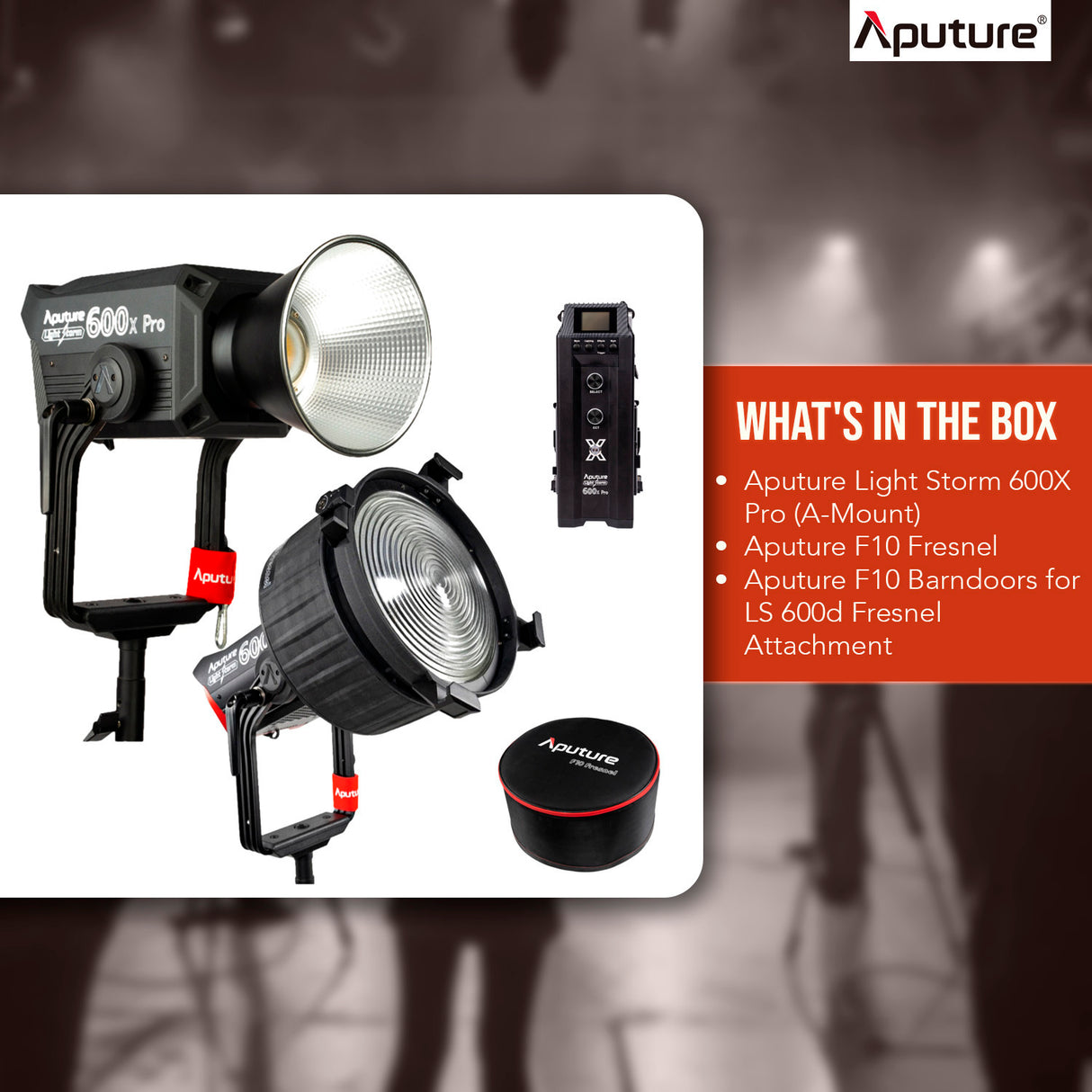 Aputure Light Storm 600X Pro (A-Mount) with Aputure F10 Fresnel and Aputure F10 Barndoors Bundle