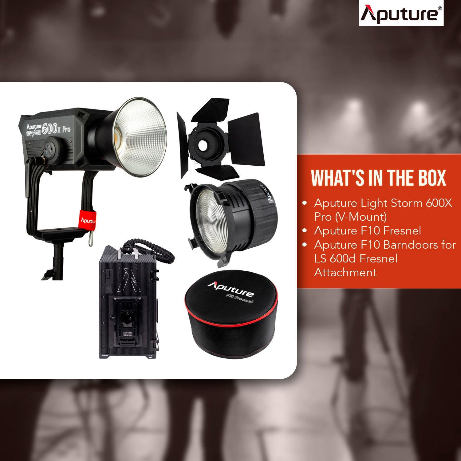Aputure Light Storm 600X Pro (V-Mount) with Aputure F10 Fresnel