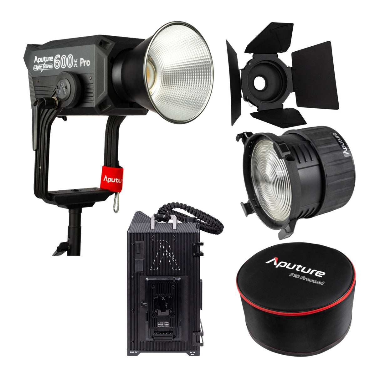 Aputure Light Storm 600X Pro (V-Mount) with Aputure F10 Fresnel and Aputure F10 Barndoors Bundle