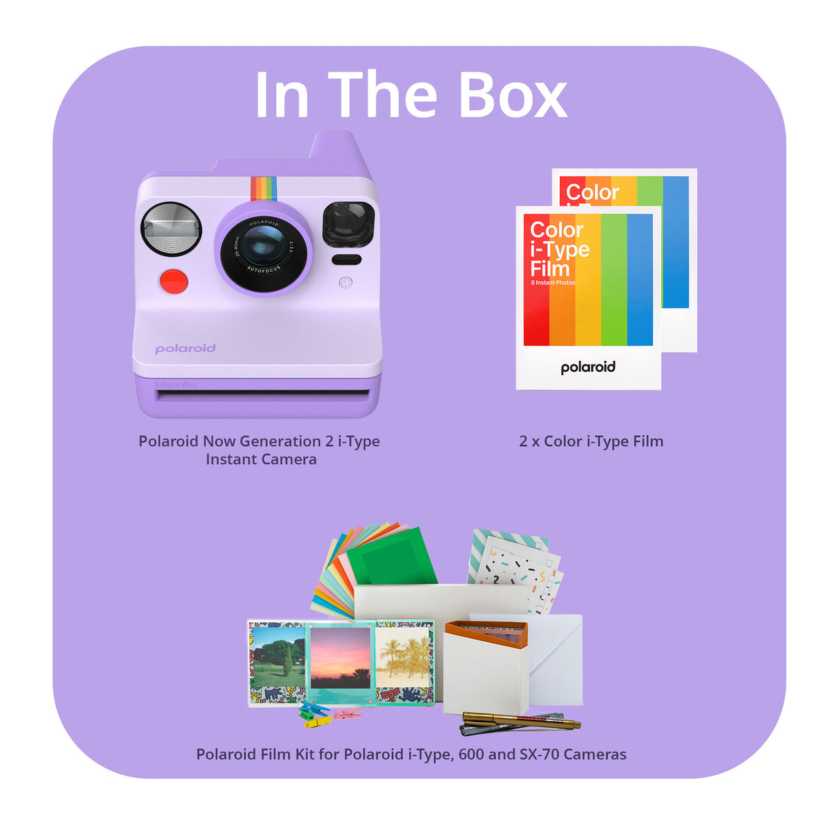 Polaroid NOW Gen 2 Camera in Purple with Double Pack Film and Photo Box Kit