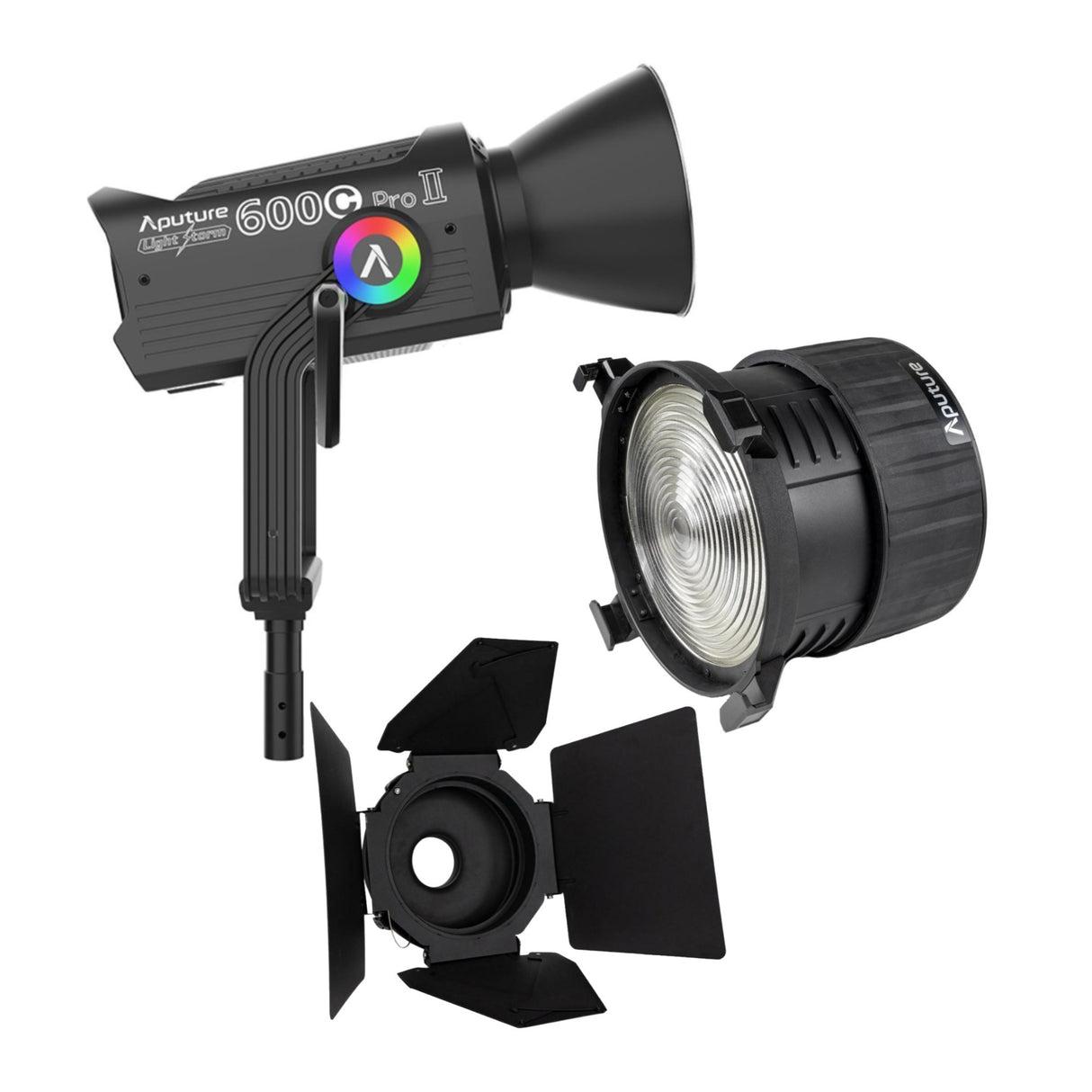 Aputure LS 600C Pro II RGB LED Monolight (A-Mount) with Aputure F10 Fresnel and F10 Barndoors Bundle