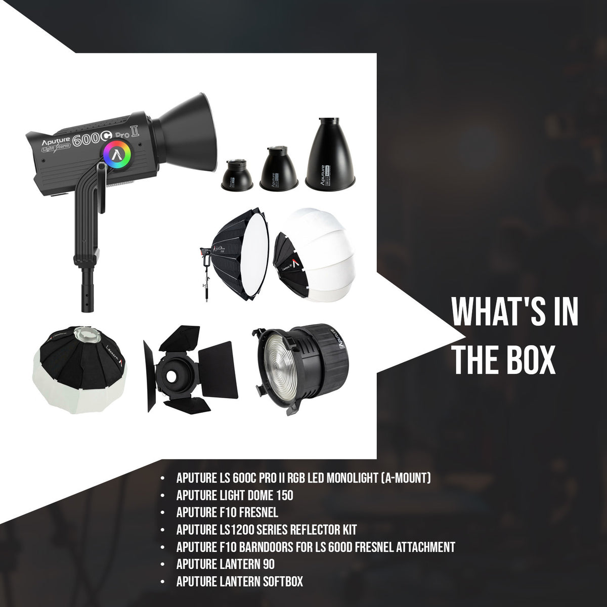 Aputure LS 600C Pro II RGB LED Monolight (A-Mount) with Light Dome 150, Fresnel, and Barndoor Bundle