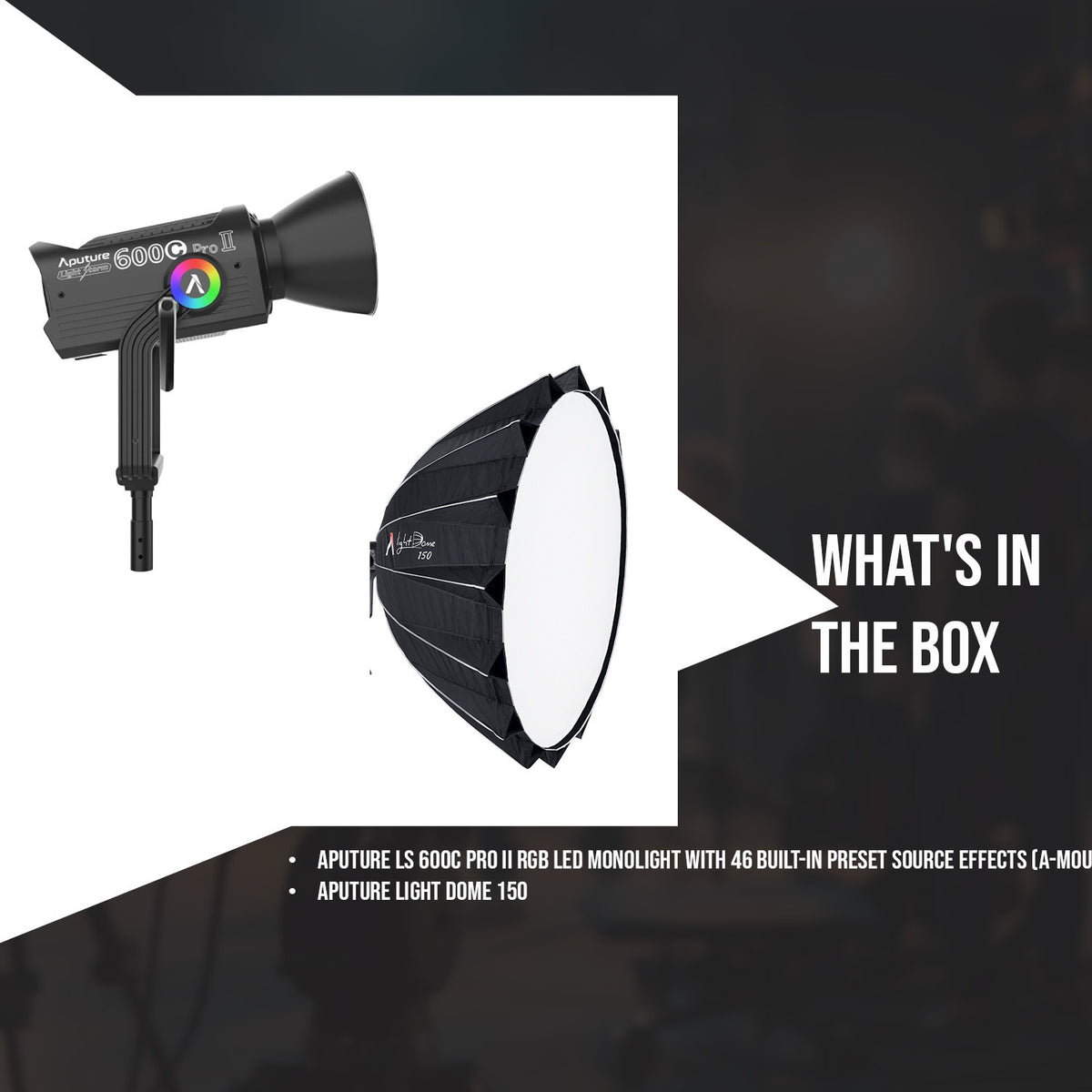 Aputure LS 600C Pro II RGB LED 46 Preset Effects Monolight (A-Mount) with Light Dome 150 Bundle