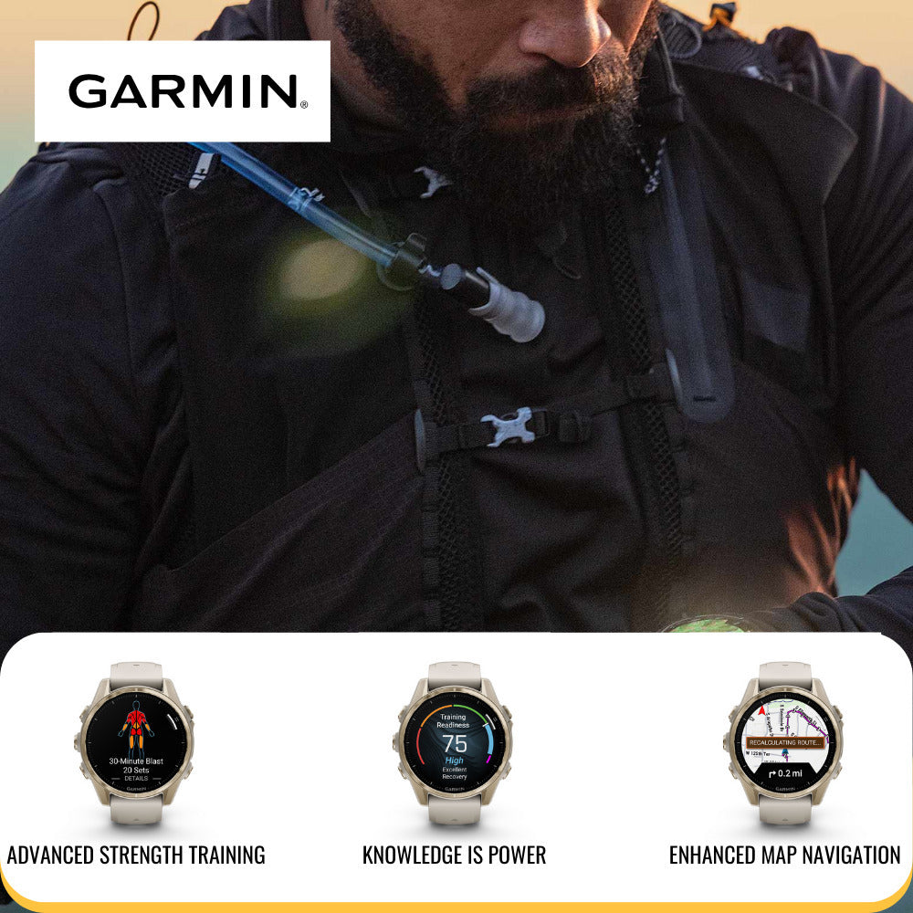 Garmin Fenix 8 43mm AMOLED GPS Smartwatch (Silver and Whitestone) with Portable Charger Stand Bundle