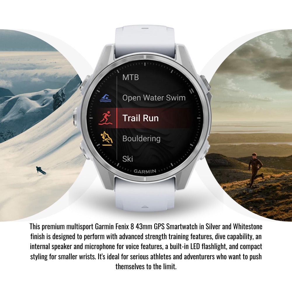 Garmin Fenix 8 43mm AMOLED GPS Smartwatch (Silver and Whitestone) with Portable Charger Stand Bundle