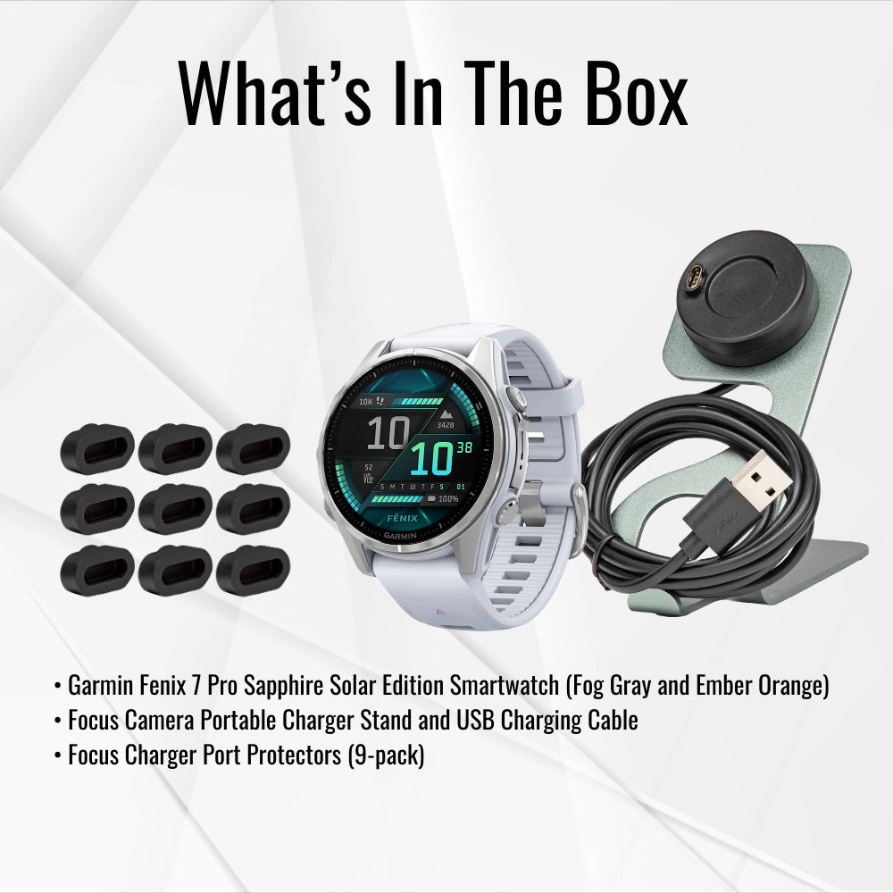Garmin Fenix 8 43mm AMOLED GPS Smartwatch (Silver and Whitestone) with Portable Charger Stand Bundle