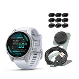 Garmin Fenix 8 43mm AMOLED GPS Smartwatch (Silver and Whitestone) with Portable Charger Stand Bundle