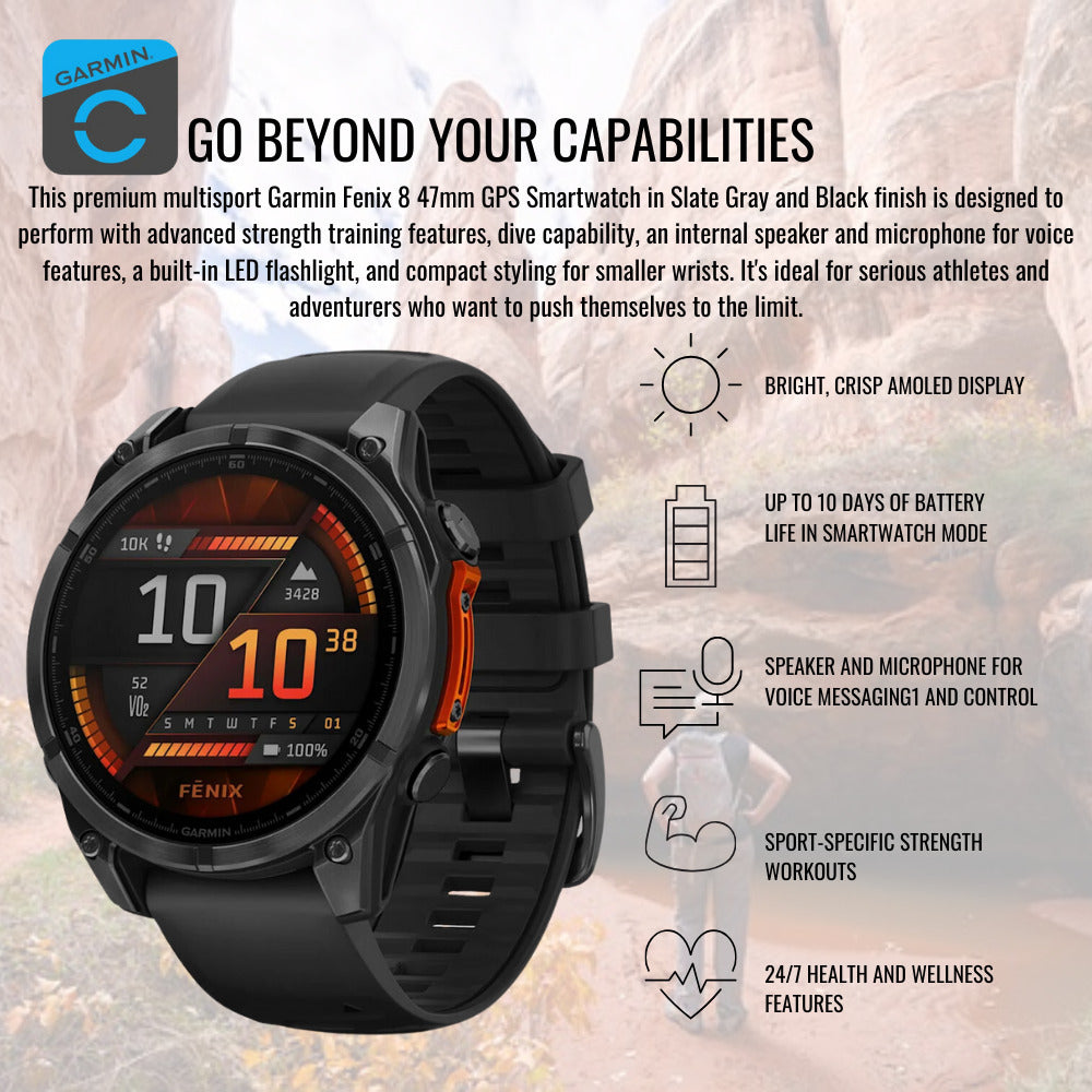 Garmin Fenix 8 47mm GPS Smartwatch (Slate Gray-Black) with Charger Stand and Screen Protector Bundle