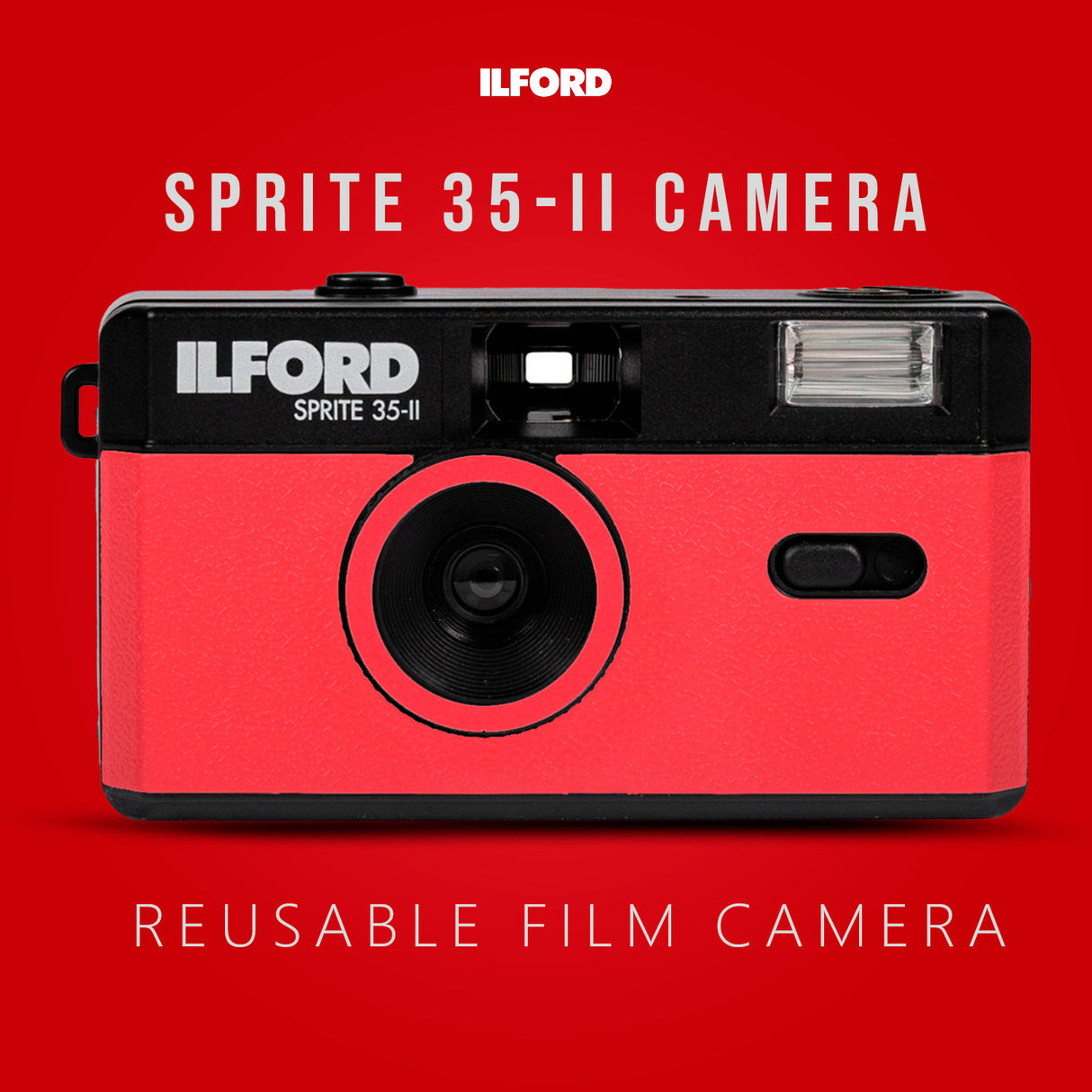 Ilford Sprite 35-II Reusable Reloadable 35mm Analog Film Camera (Red-Black) with 3x Roll Film Bundle