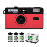 Ilford Sprite 35-II Reusable Reloadable 35mm Analog Film Camera (Red-Black) with 3x Roll Film Bundle