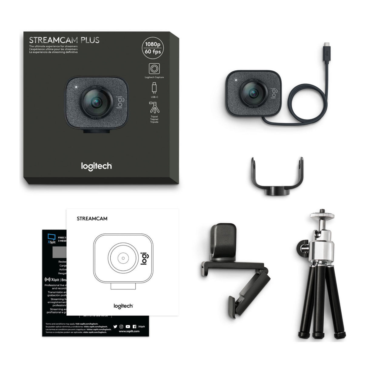 Logitech StreamCam Plus Webcam with Tripod (Graphite), Litra Glow Streaming Light and 2.0 USB Hub