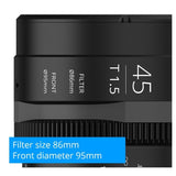 Irix Cine 45mm T1.5 Lens with Durable Design, 86mm Thread, and 9-Blade Iris (Sony E, Feet, Black)