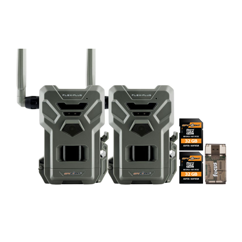 Spypoint FLEX-PLUS Cellular Trail Camera (2-Pack) with Spypoint Memory Card (2-Pack) Bundle