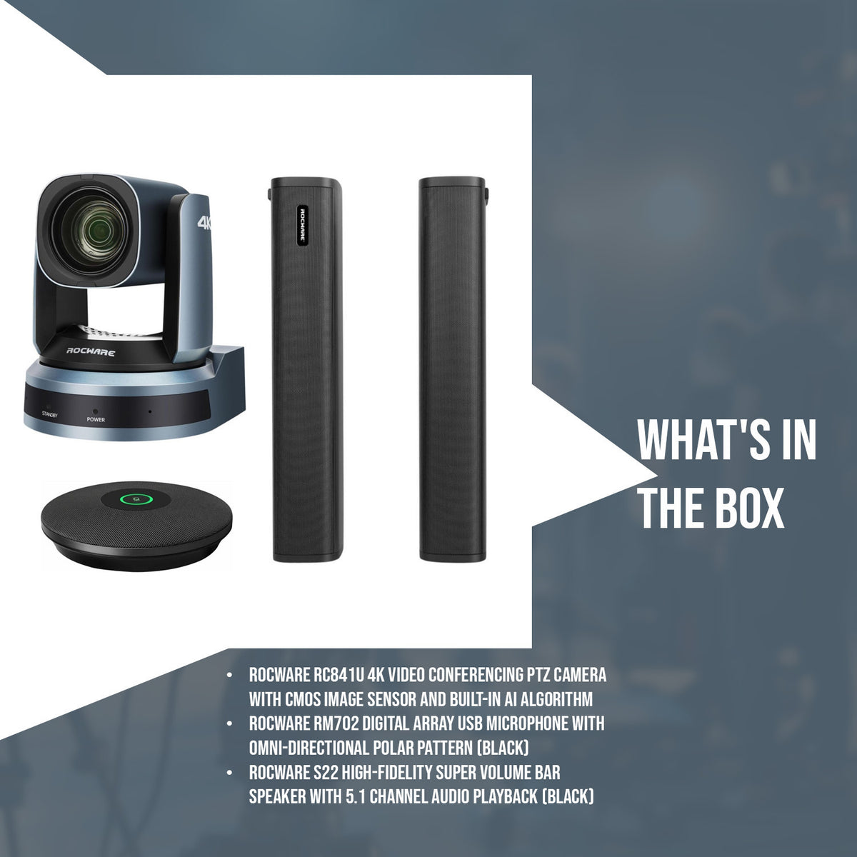 Rocware RC841U 4K Video Conferencing PTZ Camera and Rocware RM702 USB Microphone Bundle