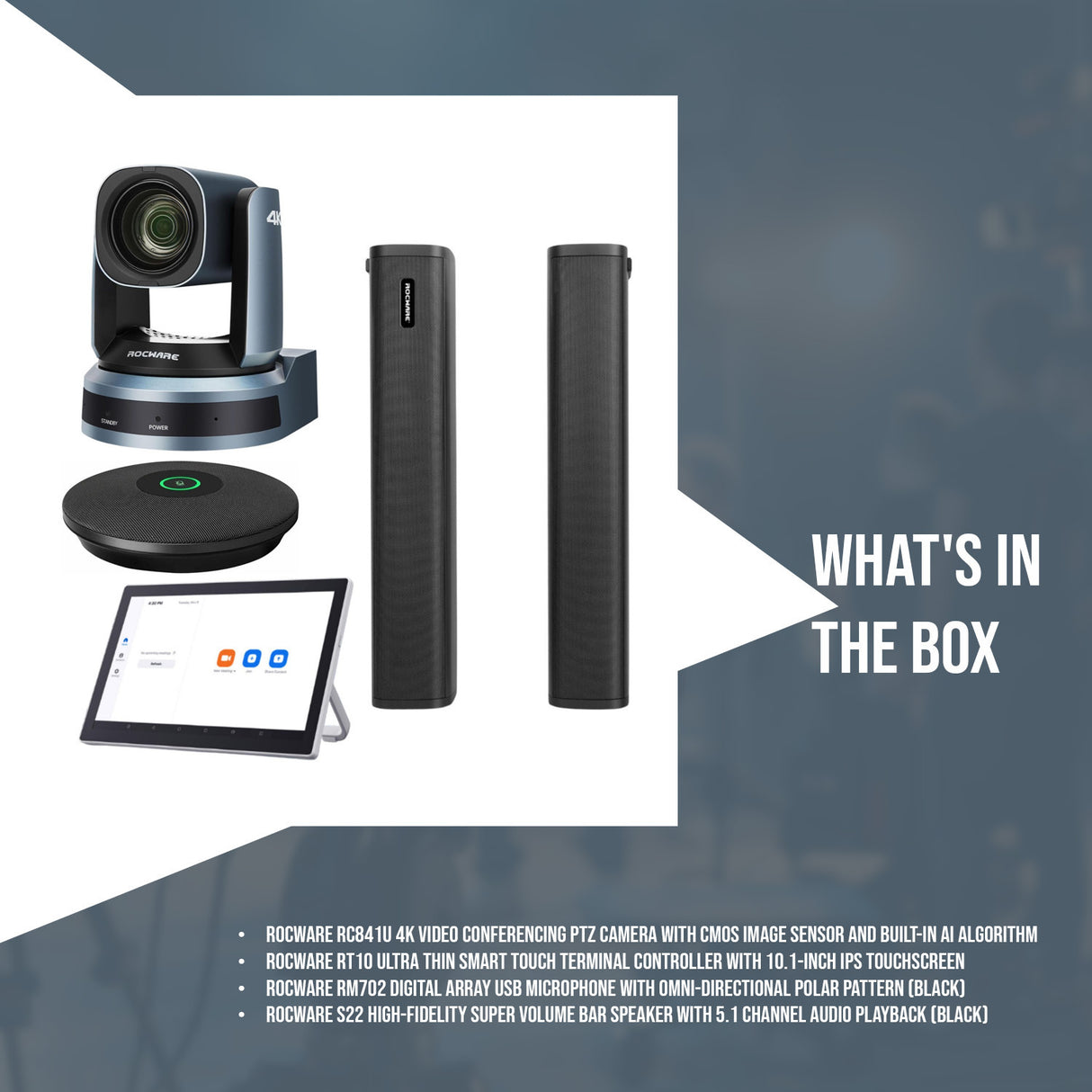 Rocware RC841U 4K Video Conferencing PTZ Camera with CMOS Image Sensor and Bar Speaker Bundle