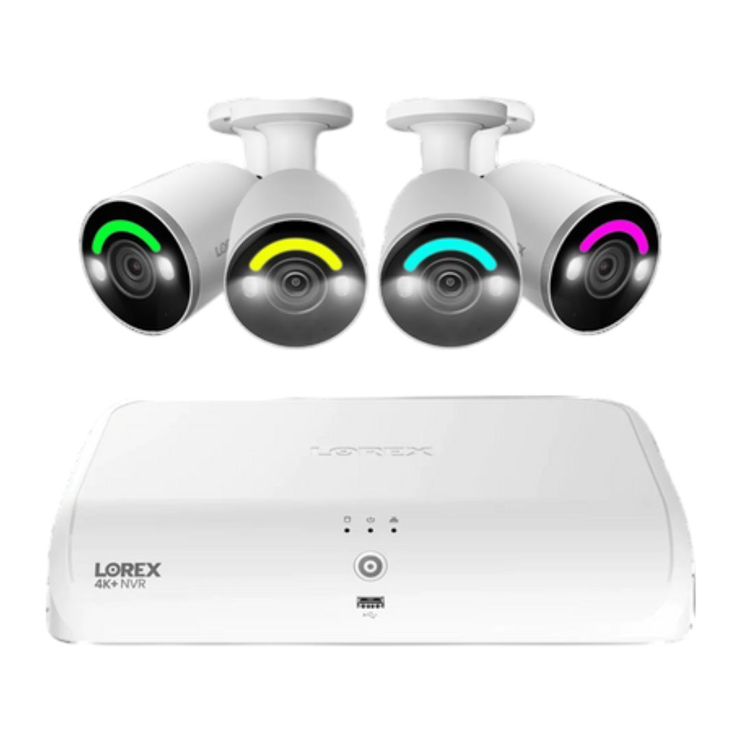 Lorex 4K Fusion 2TB Wired NVR System with Four 4K IP Bullet Smart Security Lighting Cameras (White)