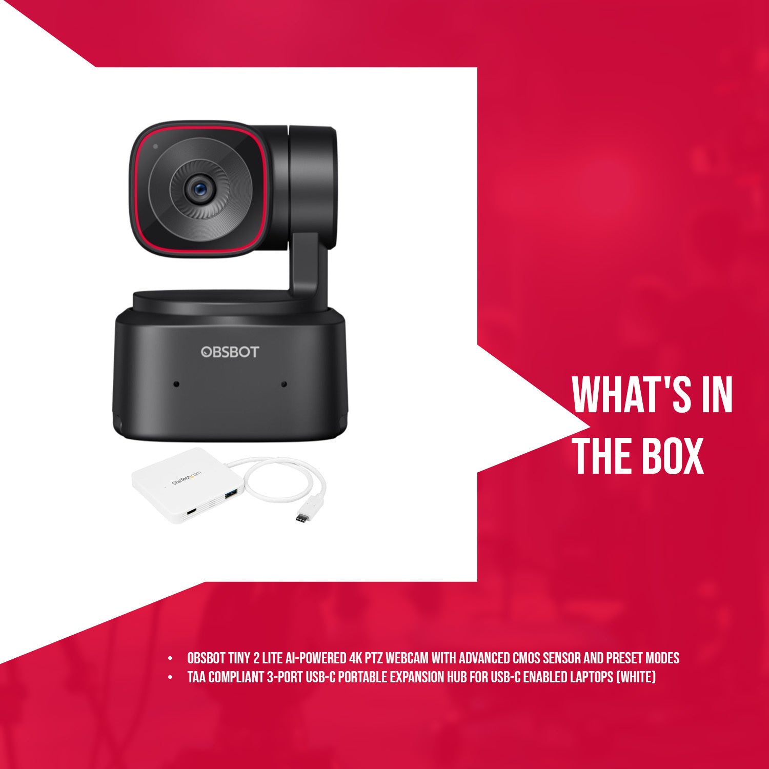 OBSBOT Tiny 2 Lite AI-Powered 4K PTZ Webcam with 3-Port USB-C