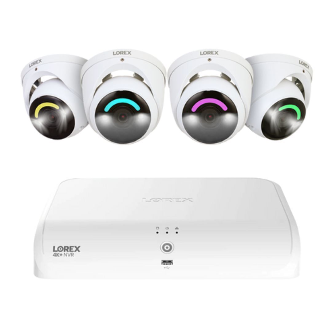 Lorex 4K Fusion 2TB Wired NVR System with Four 4K IP Dome Smart Security Lighting Cameras (White)