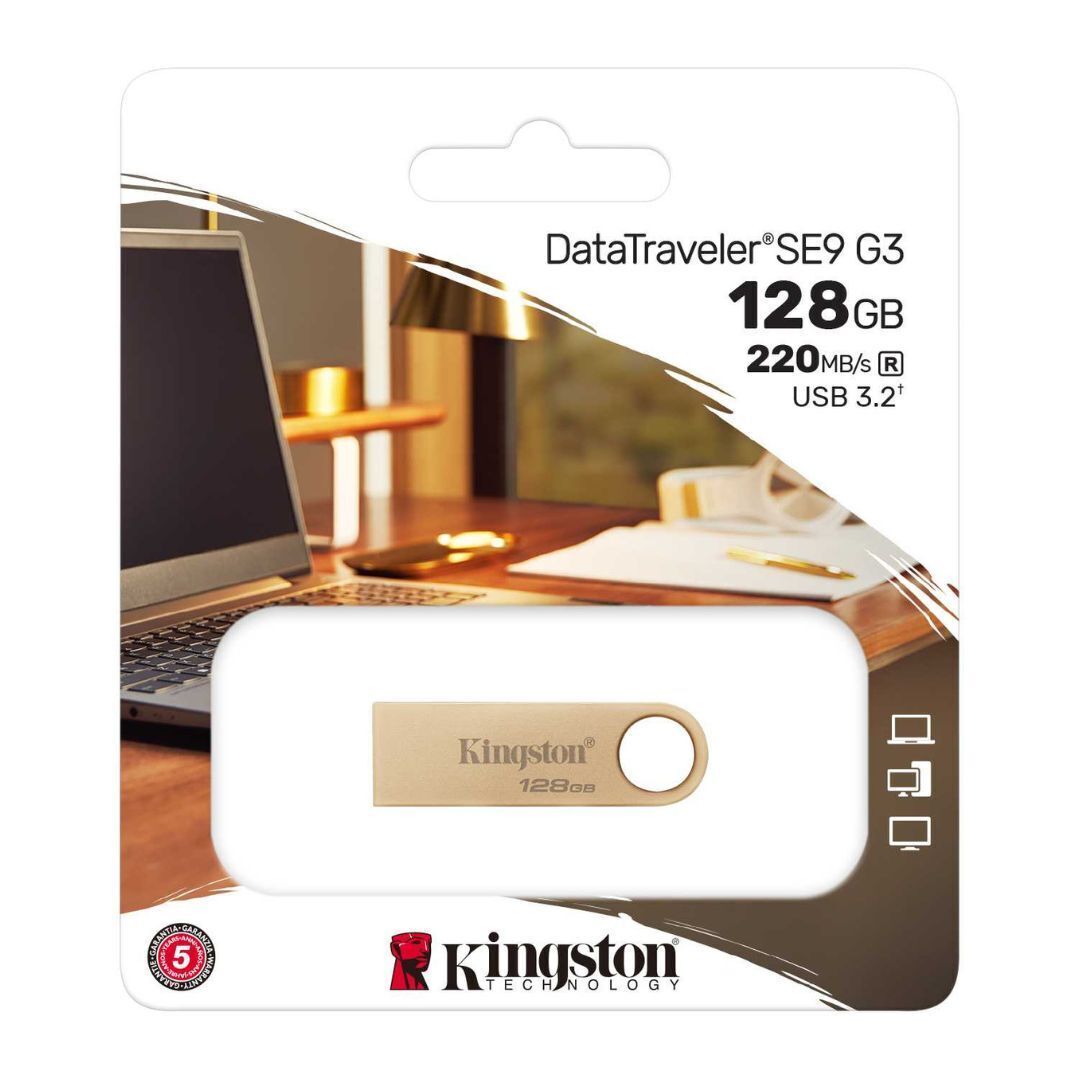 Kingston DataTraveler SE9 G3 USB 3.2 Gen 1 Flash Drive with All-Metal Gold Casing (128GB)