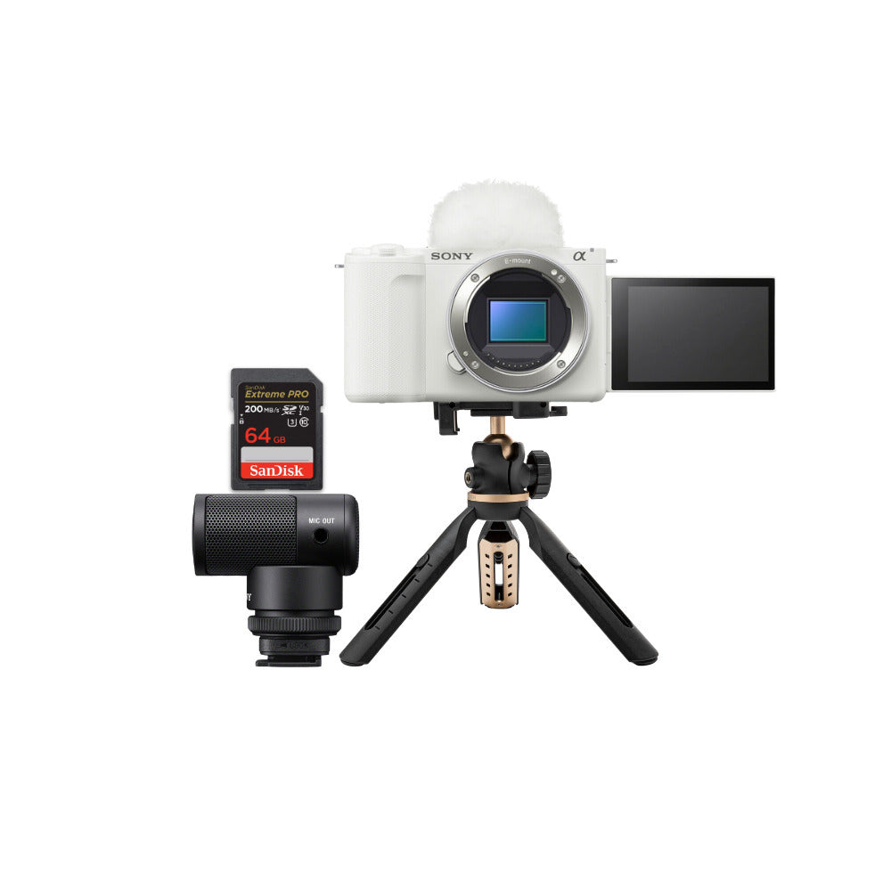 Sony Alpha ZV-E10 II Content Creators’ Camera Body  Only (White) with Extendable Tripod Bundle